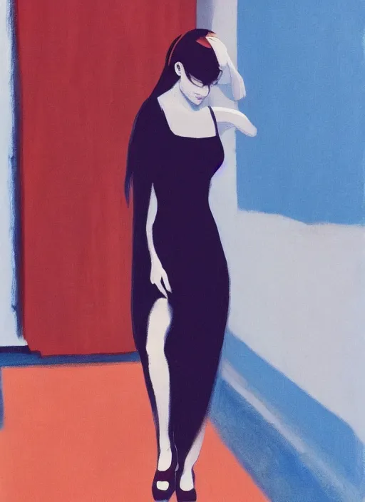 Image similar to a beautiful muse captivatingly dreaming and brushing her hair in front of a mirror made of existential void, the girl from the Ring crawling, in style of John Singer Sargant, Ilya Kuvshinov and Edward Hopper with eerie colors of Mark Rothko, highly detailed