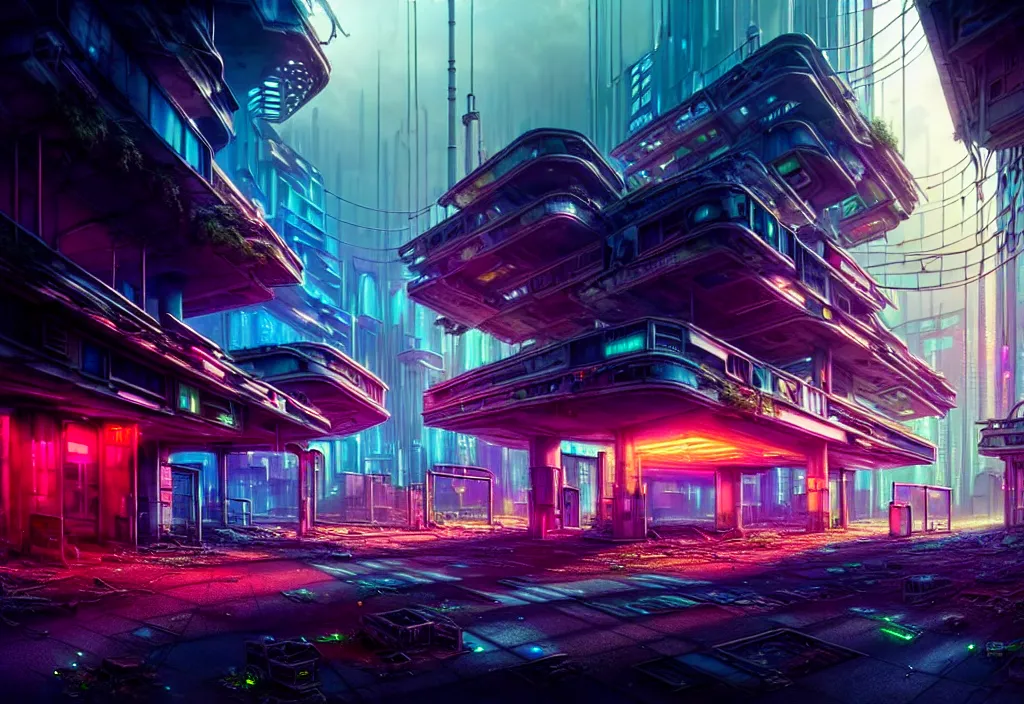 Image similar to A highly detailed crisp unreal engine render of wide view photo of A beautiful futuristic cyberpunk abandoned dystopia city building with neon bright lights, plants allover , godray, sunlight breaking through clouds, clouds, debris on the ground, abandoned machines bright happy colors, chaotic , nitid horizon, factory by wangchen-cg, 王琛,Neil blevins, artstation, Gediminas Pranckevicius