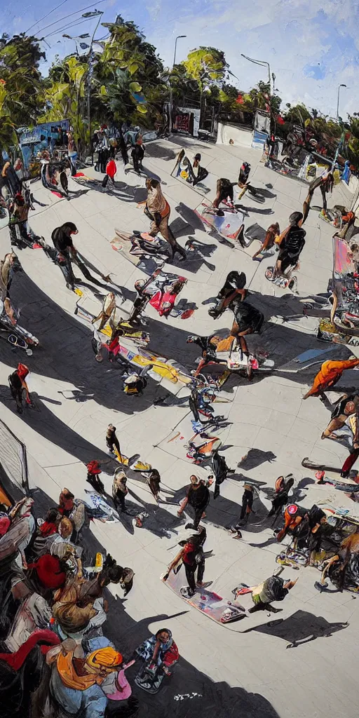 Image similar to oil painting scene skatepark with skaters and ramp by kim jung gi