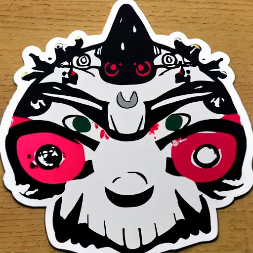 Image similar to die cut sticker, princess mononoke mask, splatter paint