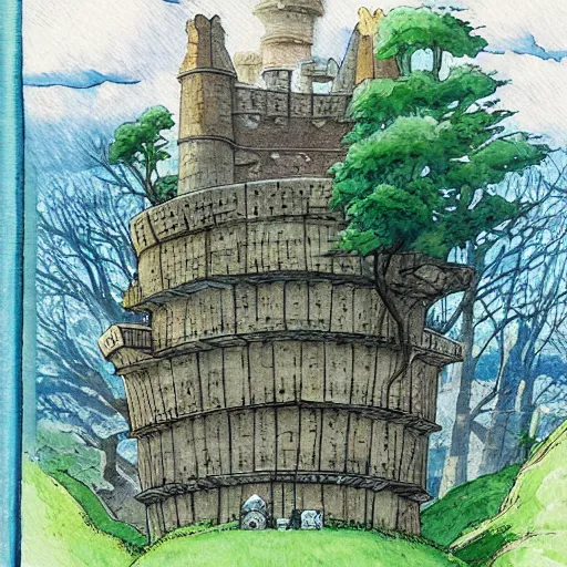 Image similar to laputa castle in the sky robot hayao miyazaki stands in a small clearing among trees, watercolor illustration for a book