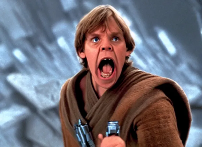 Prompt: a still from The Empire Strikes Back of Luke Skywalker dramatically shouting no