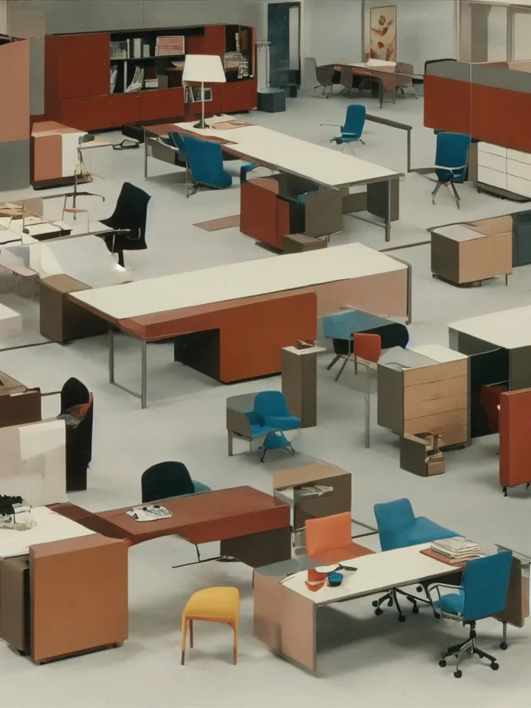 Image similar to a still of severance series ( 2 0 2 2 ) indoor 7 0 s furniture office scenario appearing in a film of jacques tati