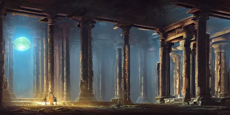 Image similar to beautiful hyperrealistic spectacular painting of the mysterious intricate ruins of the mysterious ancient temple, an advanced technology timemachine with a green - glowing - crystal from the future is inside the temple, by hubert robert and lee madwick and bastien lecouffe - deharme, dramatic moonlight lighting, advanced technology