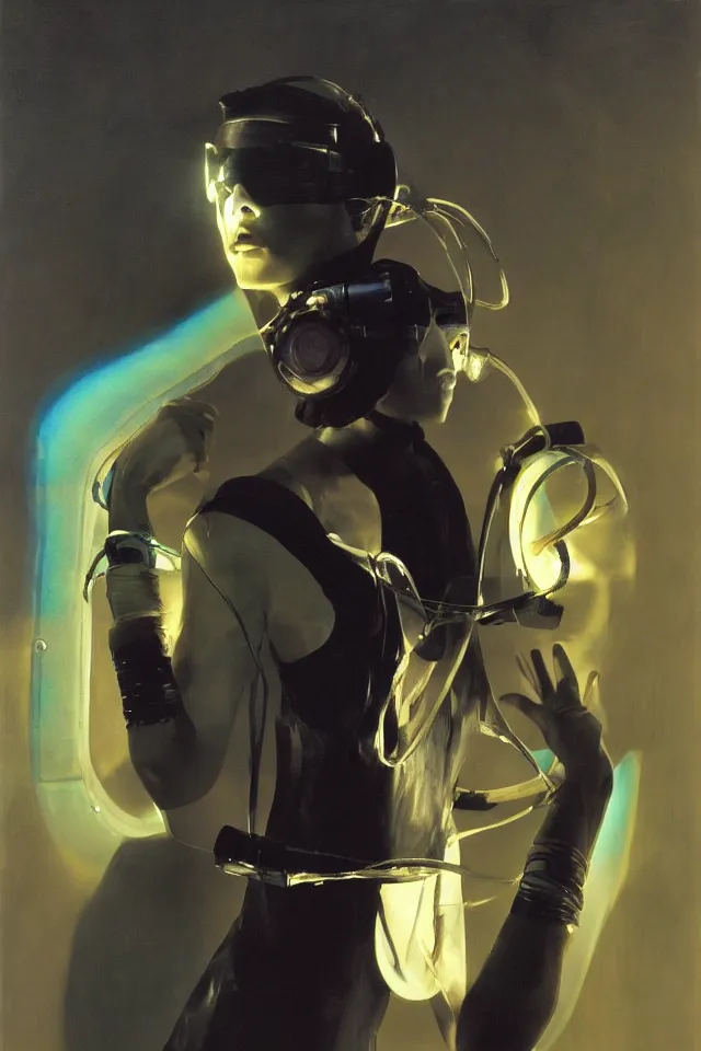 Image similar to androgynous person, shaman tunic made of latex, radio goggles, techwear, iridiscent light, high key, cinematic lighting at night, neon, phil hale, boris vallejo, syd mead