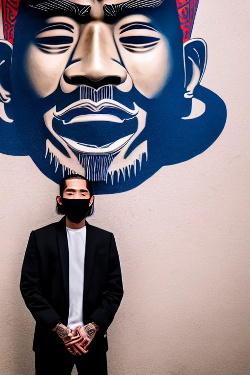 Image similar to asian guy with oni mask stand in front of wall with nipsey hussle mural, photorealistic, smooth, 4 k, aesthetic lighting, baroque object, sharp focus, hyperdetailed, professional photography, pullitzer winning, photo by : canon eos 5 d mark iv, by karah mew and adnan abidi and jodie bateman