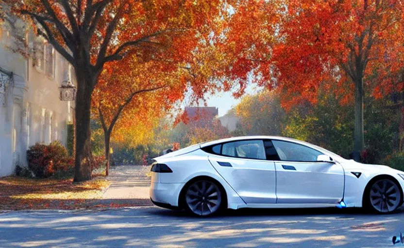 Prompt: new tesla model s on an autumn street by vladimir volegov