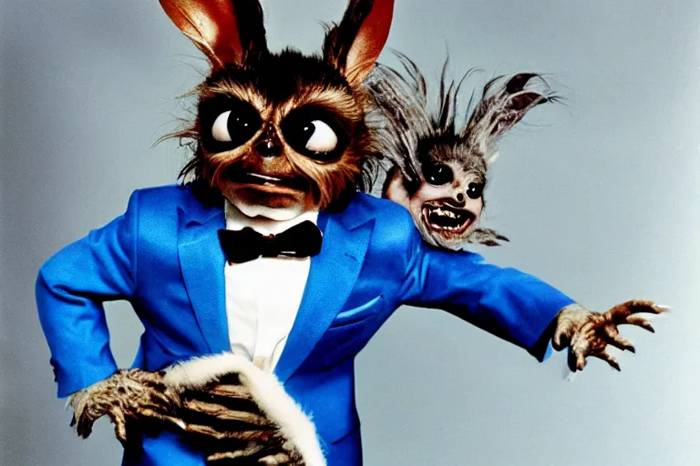 Image similar to a portrait photograph of gizmo from the movie gremlins wearing a blue wedding suit and looking proud, portrait taken by annie leibovitz,