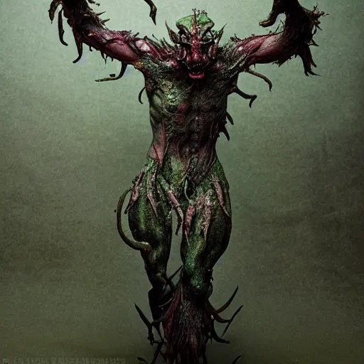 Prompt: a demon inspired by moss created by the make up artist hungry, photographed by andrew thomas huang, cinematic, expensive visual effects