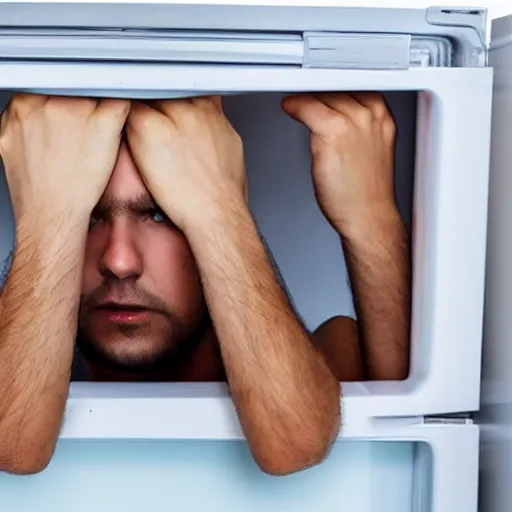 Image similar to man hiding inside a refrigerator