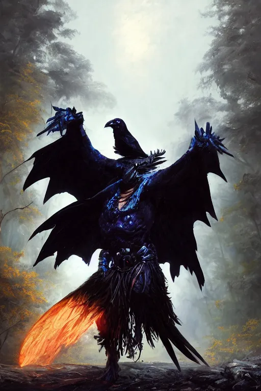 Image similar to oil painting of a Anthropomorphized raven shaman fusing with dragon, sharp focus, heroic pose, fantasy style, octane render, volumetric lighting, 8k high definition, by greg rutkowski, highly detailed, trending on art Station, magic the gathering artwork, Woodland background, centered