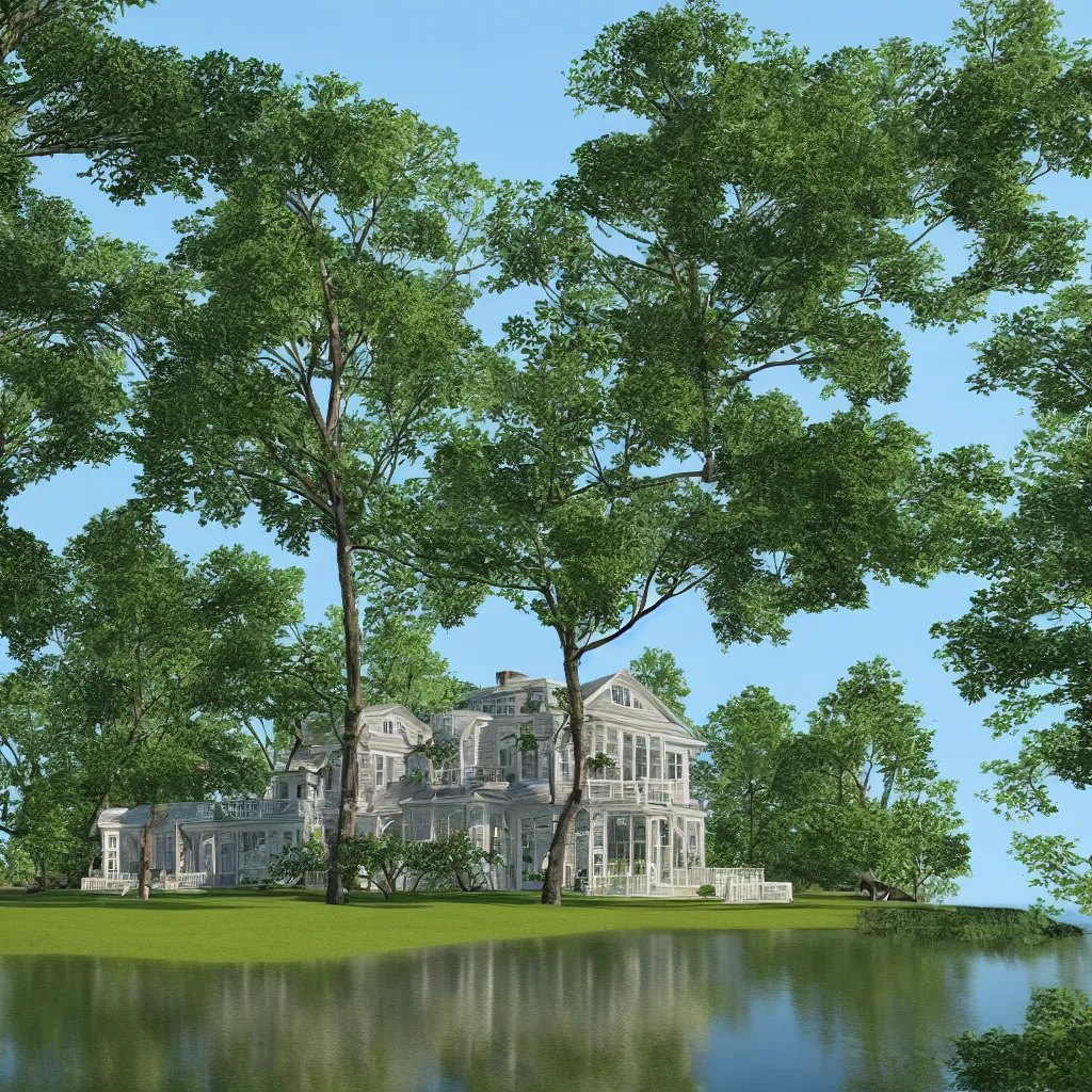 Image similar to hamptons mansion, cape cod architecture, trees and lake, photorealistic, high quality 8 k,