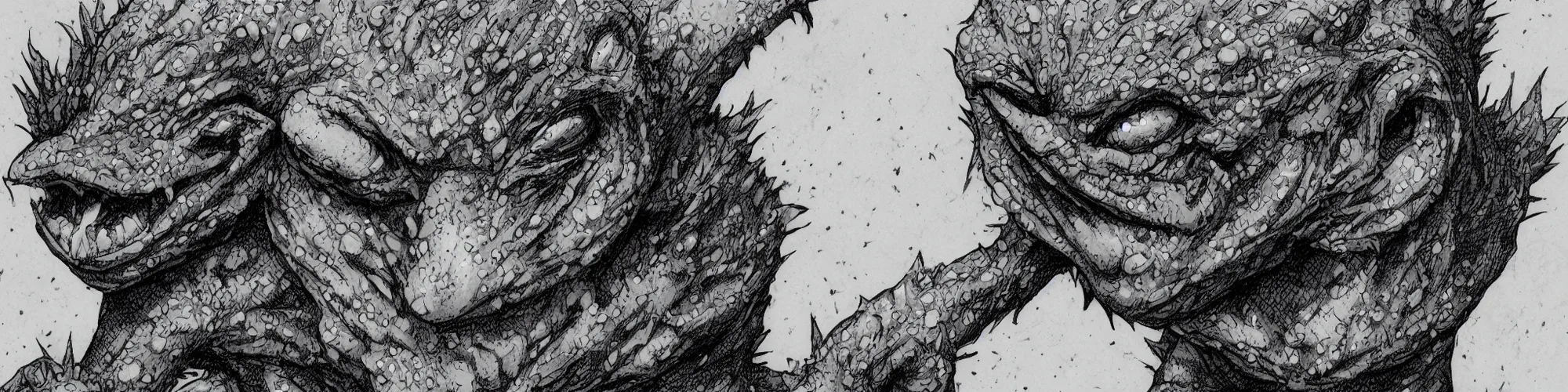 Prompt: A crying lizard man. In the style of Kentaro Miura, 4k, highly detailed, manga