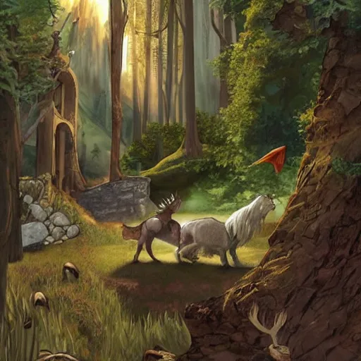 Image similar to Chronicles of Narnia and The Hobbit mixed into a dream storybook illustration