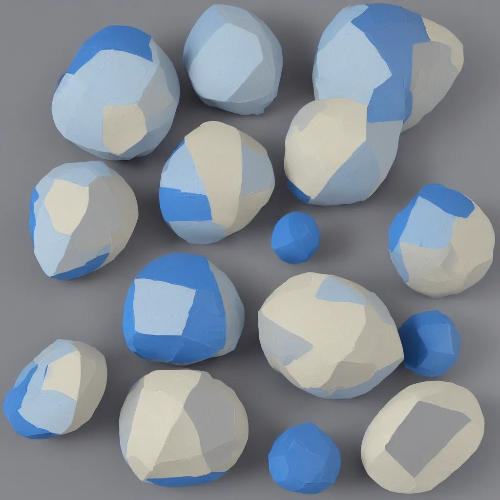 Image similar to 3 dimensional solid large globular geometric 3 d shapes made of solid impasto oil paint, with strong top right lighting creating shadows, colours cream and blue - grey