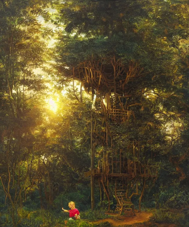 Image similar to masterful oil on canvas painting, eye - level view, shot from 5 0 feet distance, of a kid playing in a treehouse. in the background is a whimsical forest. golden hour, detailed, depth, volume, chiaroscuro, quiet intensity, vivid color palette.