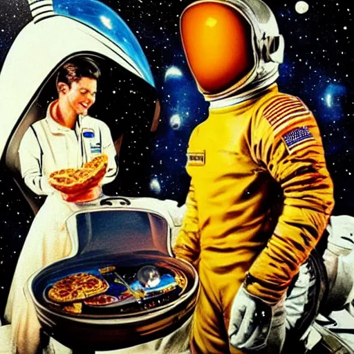 Prompt: A Man in a Spacesuit delivers pizza to a Woman’s home on the Moon, unique, very detailed, retro, sci-fi, pop art