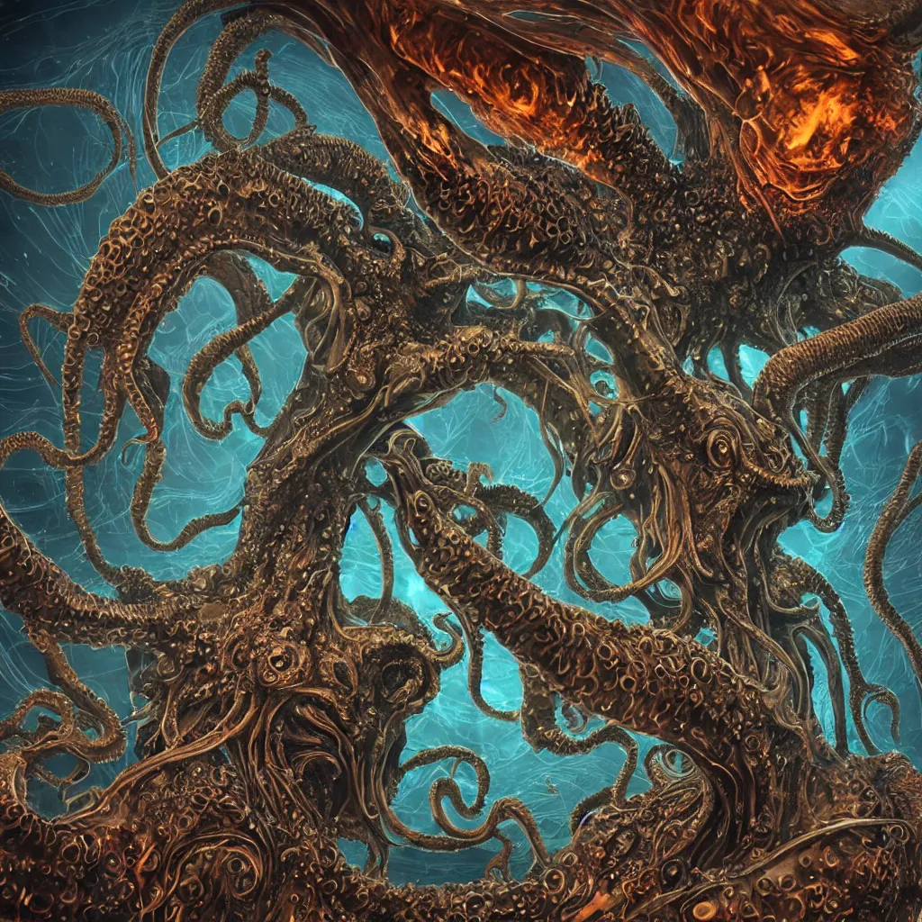 Image similar to close-up macro portrait of a Cthulhu and other fantastical sea creatures, epic angle and pose, ribcage bones symmetrical artwork, 3d with depth of field, blurred background, cybernetic jellyfish female face skull phoenix bird, translucent, nautilus, energy flows of water and fire. a highly detailed epic cinematic concept art CG render. made in Maya, Blender and Photoshop, octane render, excellent composition, cinematic dystopian brutalist atmosphere, dynamic dramatic cinematic lighting, aesthetic, very inspirational, arthouse. Greg Rutkowski, Ilya Kuvshinov, WLOP, Stanley Artgerm Lau, Ruan Jia and Fenghua Zhong