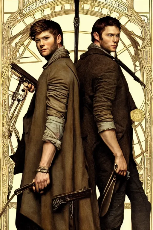 Image similar to a detailed matte portrait of jensen ackles and jared padalecki in a supernatural sherlock holmes story, masterpiece, 8 k, art by alphonse mucha and greg rutkowski