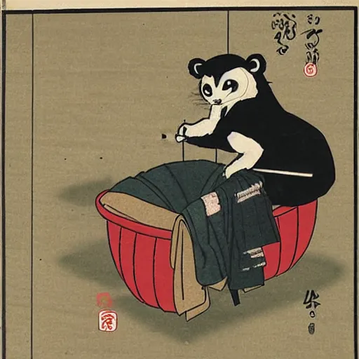 Image similar to Tanuki doing his laundry in the style of ukiyo-e