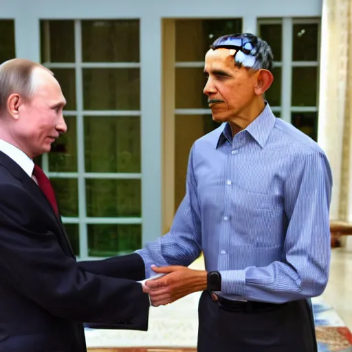 Prompt: photo of barack obama shaking hands with vladimir putin