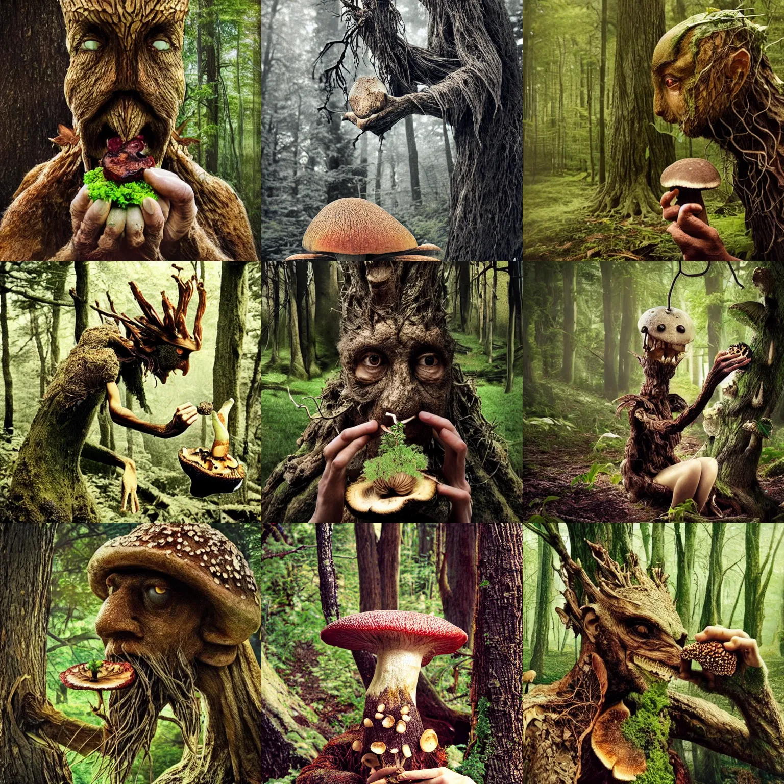 Prompt: photograph of a hungry treebeard savagely eating a mushroom 🍄