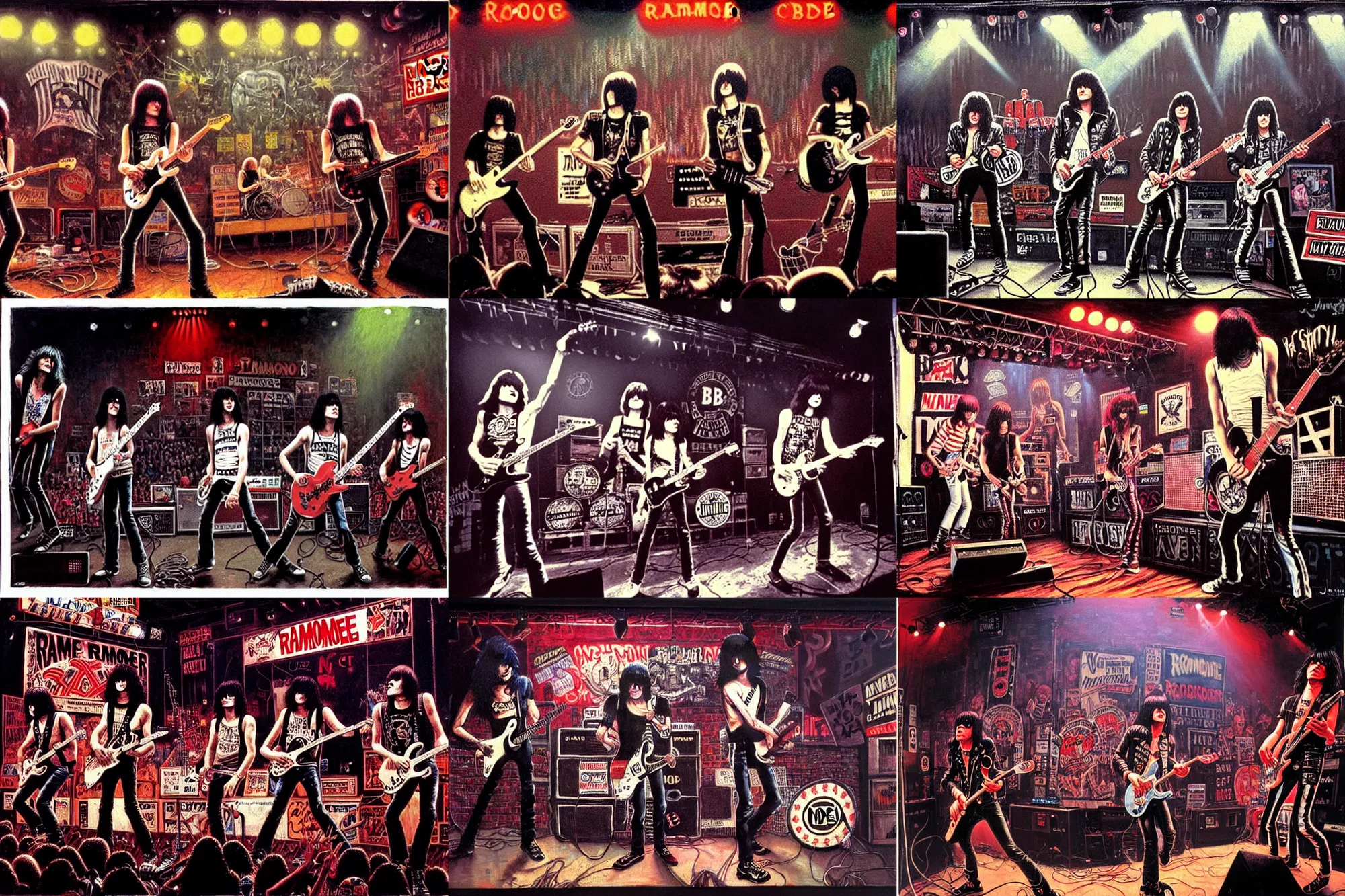 Prompt: the ramones live at the cbgb playing one two three four, very punk stage decoration and rough and loud and fast, live on stage, low light, new york in the seventies, very detailed painting by james jean, thomas kinkade, norman rockwell, fog and lights