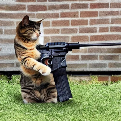 Image similar to Photo of an upright house cat with an AR15