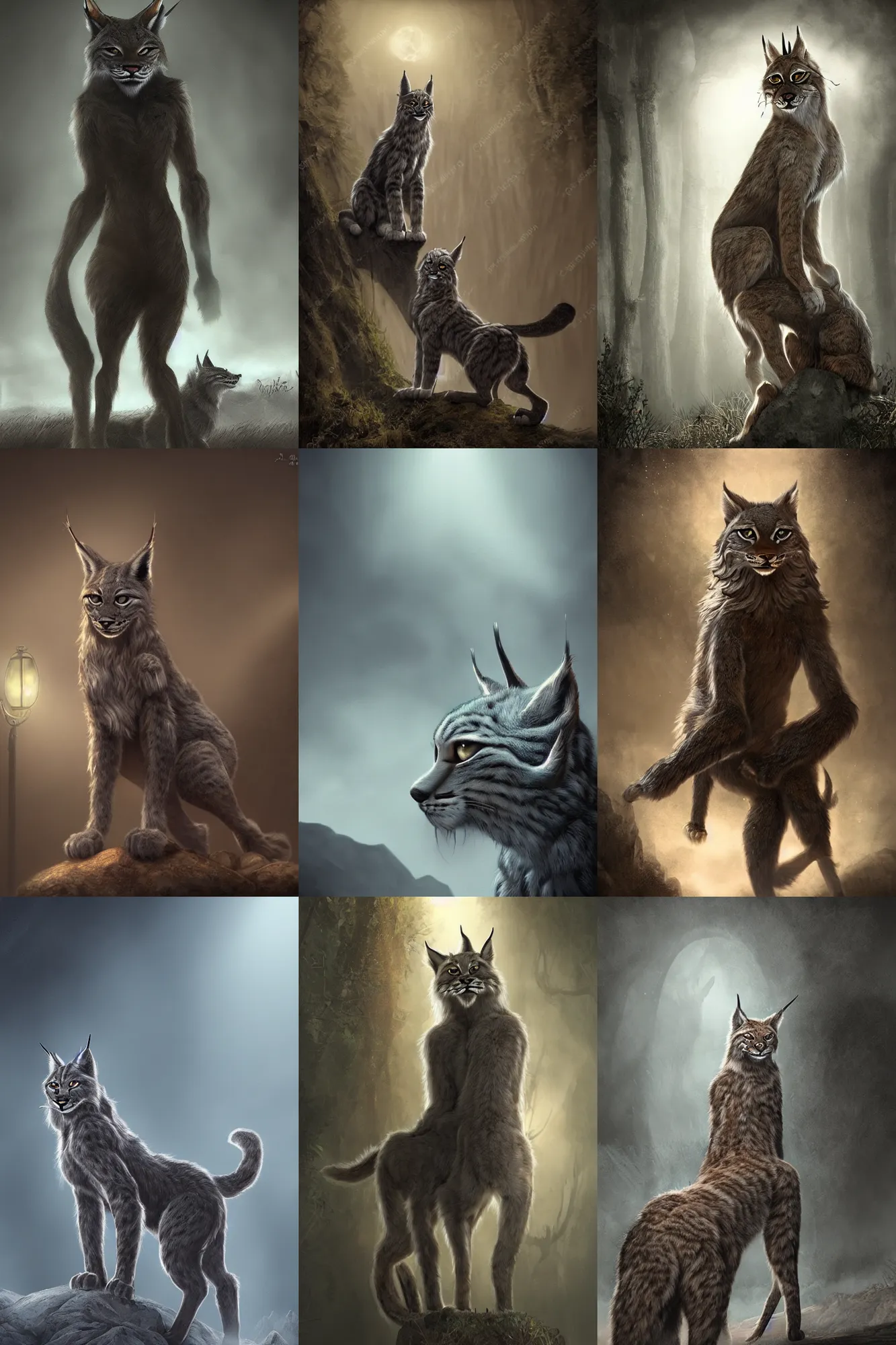 Prompt: anthropomorphic lynx, eerie dark atmosphere, back light, matte painting in fantasy style