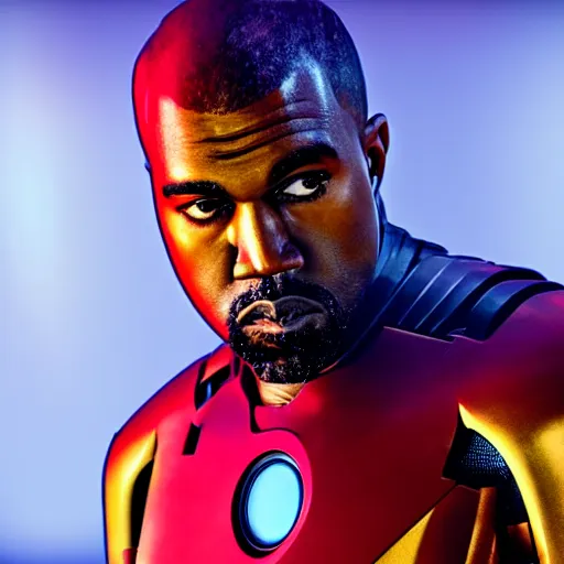 Prompt: Portrait of Kanye West in a Ironman-suit, no helmet, splash art, movie still, cinematic lighting, dramatic, octane render, long lens, shallow depth of field, bokeh, anamorphic lens flare, 8k, hyper detailed, 35mm film grain