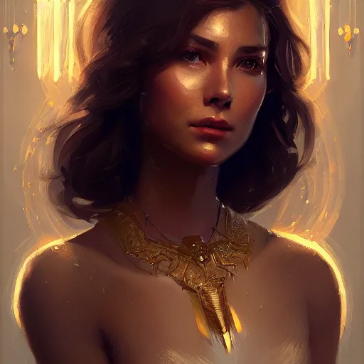 Image similar to portrait of a confident goddess, in modern era, upper body, D&D, intricate, cinematic lighting, highly detailed, digital painting, artstation, concept art, smooth, sharp focus, illustration, art by Artgerm and Greg Rutkowski