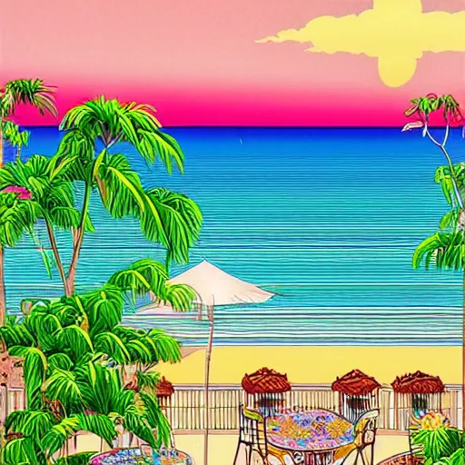 Image similar to a beautiful painting of a sunny day overlooking the beach from a hotel balcony by hiroshi nagai and hirohiko araki, detailed line art, vaporwave color scheme