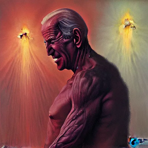 Image similar to epic Joe Biden in pandemonium, demons and souls, portrait, art by Wayne Barlowe, oil on canvas