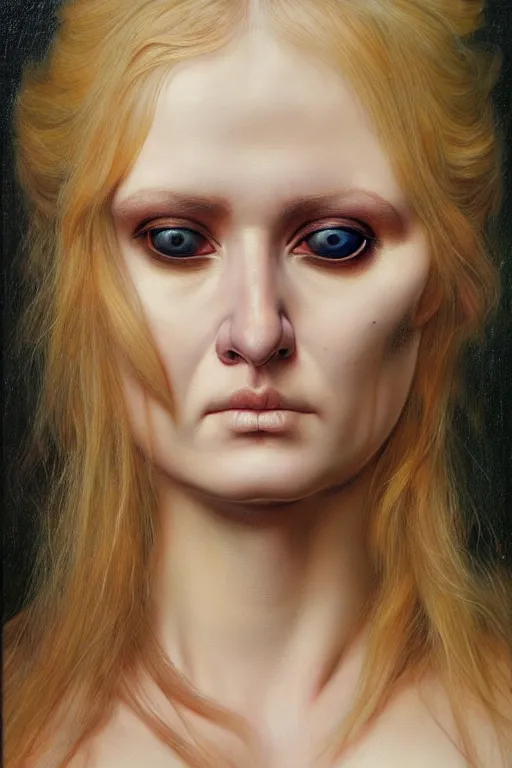 Image similar to hyper realistic portrait of blonde girl with an eyepatch in the style of wayne barlowe, gustav moreau, goward, bussiere, roberto ferri, santiago caruso, luis ricardo falero, austin osman spare