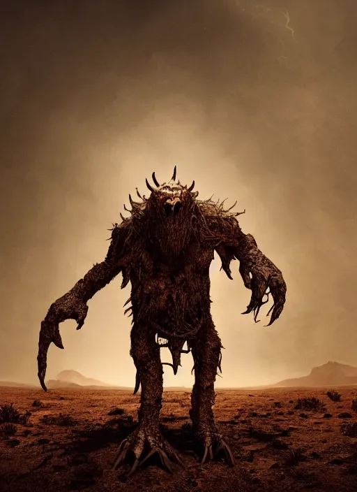 Prompt: terrific monster in middle of desert, horror, dark atmosphere, harsh lighting, cinematic lighting, scary, award wining art, artstation, high details, concept art, 4 k