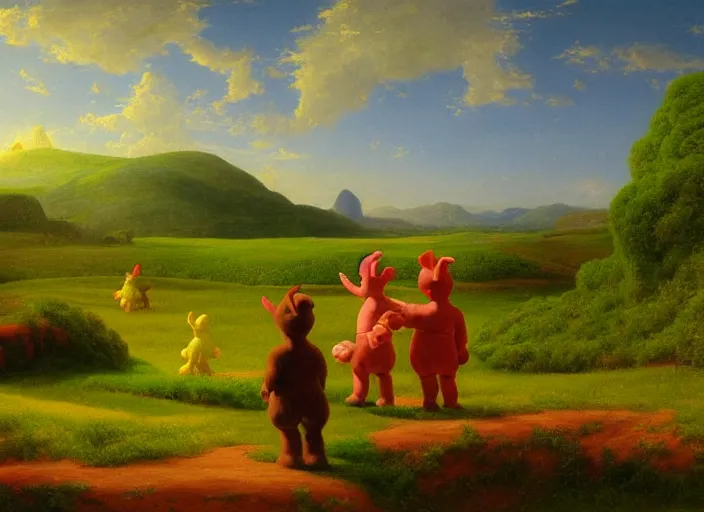 Prompt: american realist romanticism landscape painting of teletubbies in the style of hudson river school and thomas cole and albert bierstadt and robert duncanson