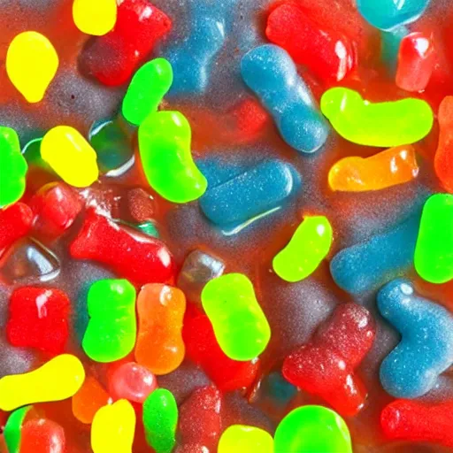 Image similar to brownie batter, mixed with sour gummy worms, super yummy, commercial, glistening