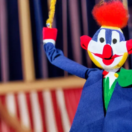 Prompt: puppeteer using a string marionette of a president with clown makeup in a podium