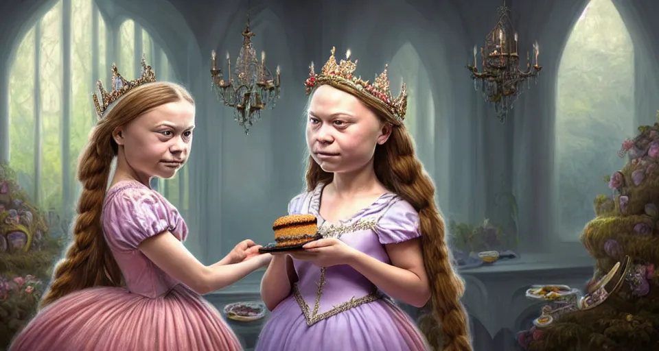 Image similar to closeup profile portrait of greta thunberg as a fairytale princess wearing a crown eating cakes in the castle kitchen, nicoletta ceccoli, mark ryden, lostfish, max fleischer, hyper realistic, artstation, illustration, digital paint, matte paint, vivid colors, bright, cheerful, detailed and intricate environment