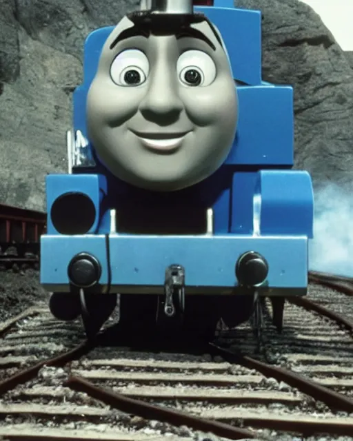 Image similar to Film still close-up shot of Dwayne Johnson as the Thomas the Tank Engine from the movie Thomas and the Magic Railroad. Photographic, photography