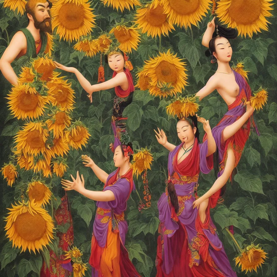 Image similar to The Chinese goddess of sunflowers dancing with the bearded Western god of primeval forests, by Raphael Hopper, and Rene Magritte. Detailed, romantic, enchanting, trending on ArtStation.