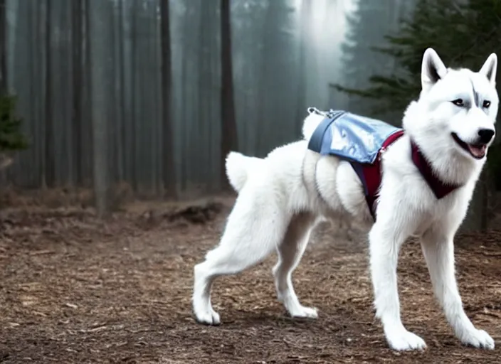 Image similar to film still of an anthropomorphic white vested husky!!!!!! in a white vest wearing a white vest!!!!! in the new sci - fi movie, 8 k