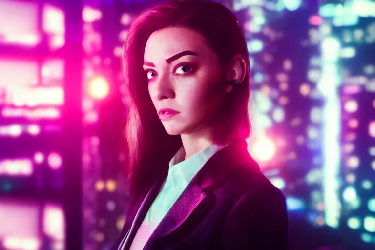 Image similar to cinematography closeup portrait of a gorgeous cyborg business woman in a cyberpunk apartment, neon lighting, night, by Emmanuel Lubezki