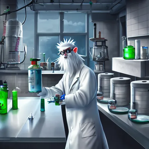 Image similar to a mad scientist goat in lab coats mixing acids, digital art, trending on artstation and unreal engine, deviantart, smooth, hyper detailed, award - winning, hd