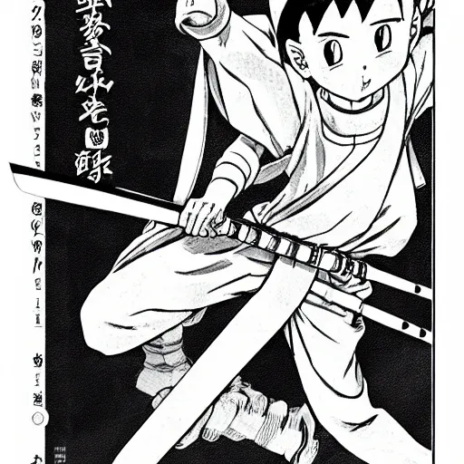 Image similar to young swordsman, illustrated by mato and ken sugimori and akira toriyama, manga, black and white illustration