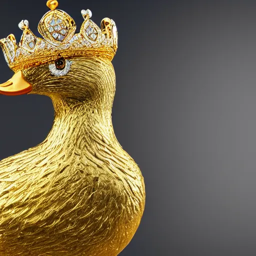 Prompt: a king duck wearing gold crown and gold necklace, ultra realistic, 4k