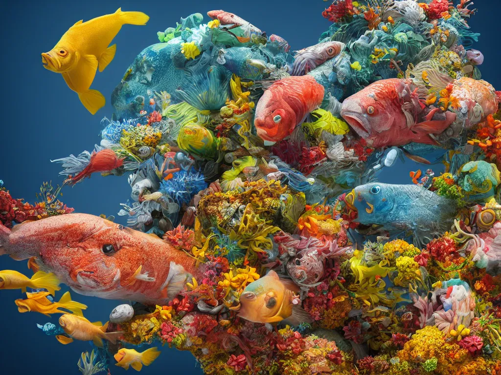 Image similar to a sculpture of fish ocean intertwined, a lovely cornucopia of flowers and human body parts, body parts, highly detailed, octane render, cinematic, shock, sharp focus, ball, an independent psycho,