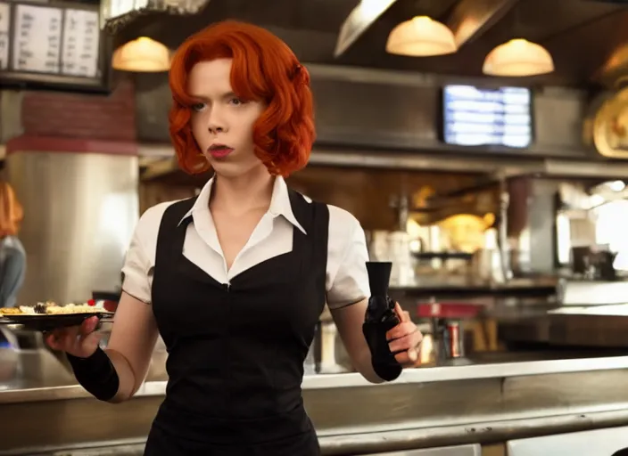 Prompt: Black Widow working as a waitress in a diner in the new avengers movie, 4k