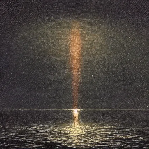 Prompt: small male with long curly hair figure in epic foggy deep sea, expansive view, dozens of thin glowing straight lines extend from ground into the sky, by Caspar David friedrich