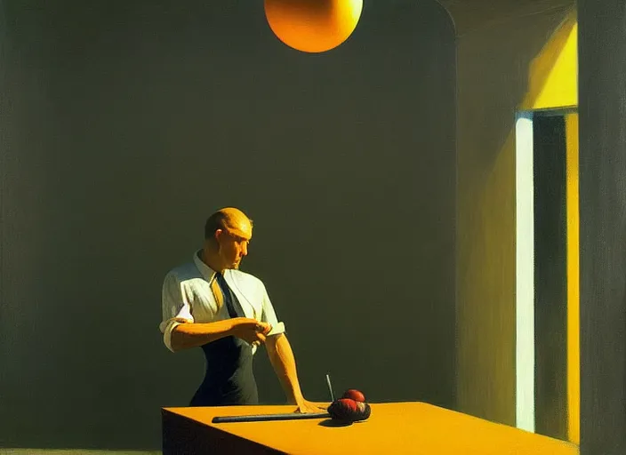 Image similar to a beauty man with a knife in his hand stands in a drugstore and buys a black inflatable balloon, highly detailed, soft lighting, elegant, by edward hopper and james gilleard, zdzislaw beksinski, steven outram, highly detailed